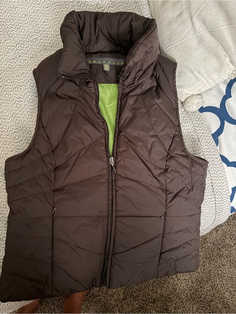 Kenneth Cole Reaction Dark Brown Quilted Puffer Vest with Lime Lining